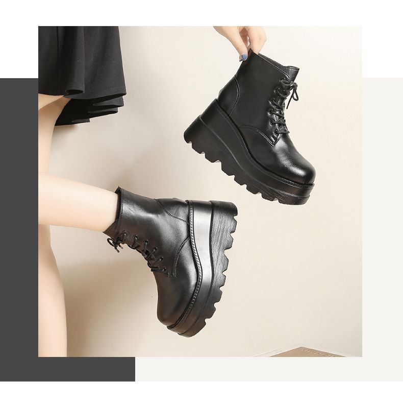 Slope with cos increase height shoes 20cm muffin bottom spring and fall British style short boots female short boots new hundred and short boots muffin bottom thick bottom big yards couple models 35-43 female simple horse nail boots